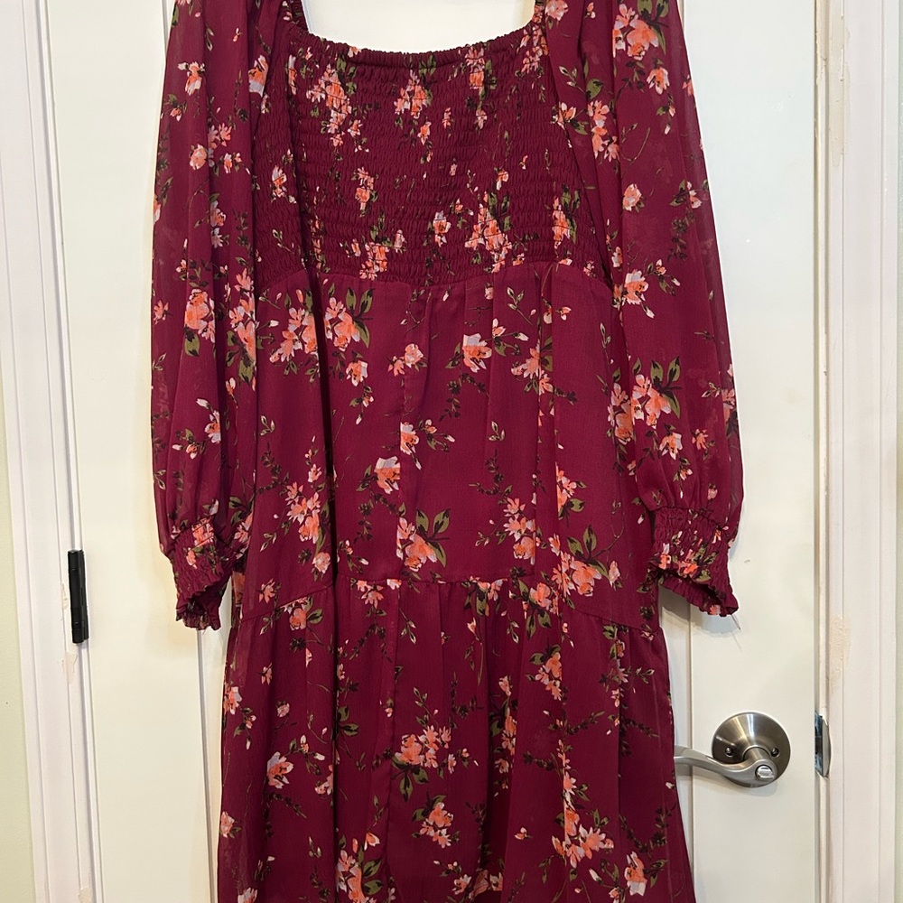 Maurices cottagecore Burgundy Floral Long Sleeve Dress